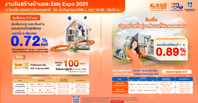 ธอส. กระตุ้นอสังหาริมทรัพย์ส่งท้ายปี จัดสินเชื่อบ้านดอกเบี้ย 0.72% นาน 6 เดือนแรกในงานรับสร้างบ้านและวัสดุ Expo 2025