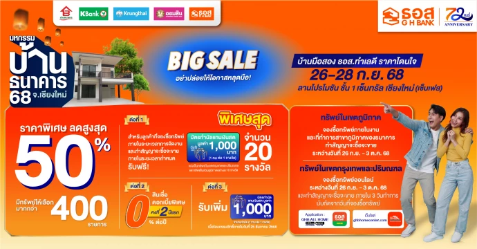 ธอส. เปิดคลังบ้านมือสอง คุณภาพดี ทำเลเด่น ลดราคาสูงสุด 50% พร้อมโปรเด็ด ดอกเบี้ยคงที่ 2 ปีแรก 0% ในงาน “มหกรรมบ้านธนาคาร 68 จังหวัดเชียงใหม่”