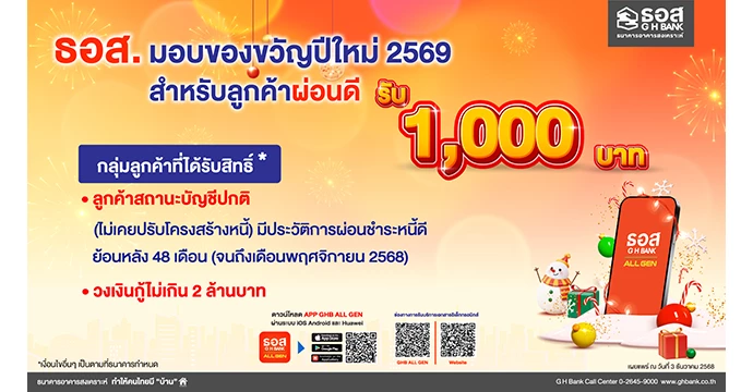 ลูกค้า เฮ! ธอส. มอบของขวัญปีใหม่ 2569 ผ่อนชำระดี รับเงิน 1,000 บาท