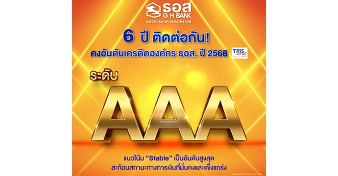 6 ปี ติดต่อกัน! ทริสเรทติ้ง คงอันดับเครดิตองค์กร ธอส. ในระดับ AAA และแนวโน้ม “Stable” เป็นอันดับสูงสุด สะท้อนสถานะทางการเงินที่มั่นคงและแข็งแกร่ง