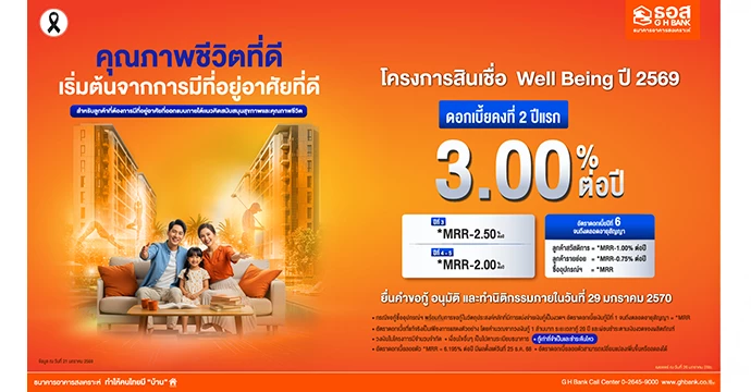 ธอส. ใส่ใจสุขภาพลูกค้าและประชาชนควบคู่กับการมีบ้านเป็นของตนเอง จัดทำสินเชื่อ Well Being ปี 2569 อัตราดอกเบี้ย 2 ปีแรกเพียง 3.00 % ต่อปีเท่านั้น