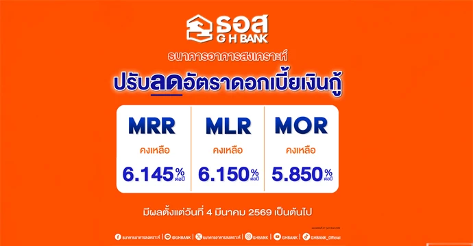 ธอส. ปรับลดอัตราดอกเบี้ยเงินกู้ มีผลตั้งแต่วันที่ 4 มีนาคม 2569 เป็นต้นไป  เพื่อบรรเทาภาระผ่อนบ้าน และร่วมขับเคลื่อนเศรษฐกิจผ่านภาคอสังหาริมทรัพย์