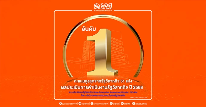ธอส. คว้าอันดับ 1 ผลประเมินการดำเนินงานรัฐวิสาหกิจ ปี 2568 ด้วยคะแนน 4.5823