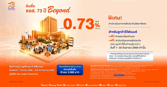 ธอส. จัดโปรสินเชื่อ 73 ปี Beyond ฉลองครบรอบเดือนเกิด  อัตราดอกเบี้ยต่ำเพียง 0.73% ต่อปี ฟรีค่าธรรมเนียม ช่วยคนไทยมีบ้านแบบ Worry Free!